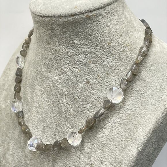 Natural Labradorite Chip White AB Froster Glass Beaded Necklace Boho Statement - Picture 4 of 8